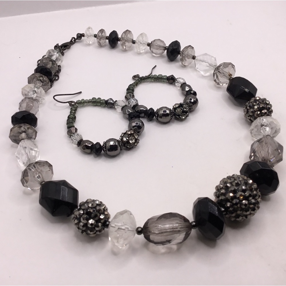 Black and Silver Beaded Jewelry Set Necklace & Earrings